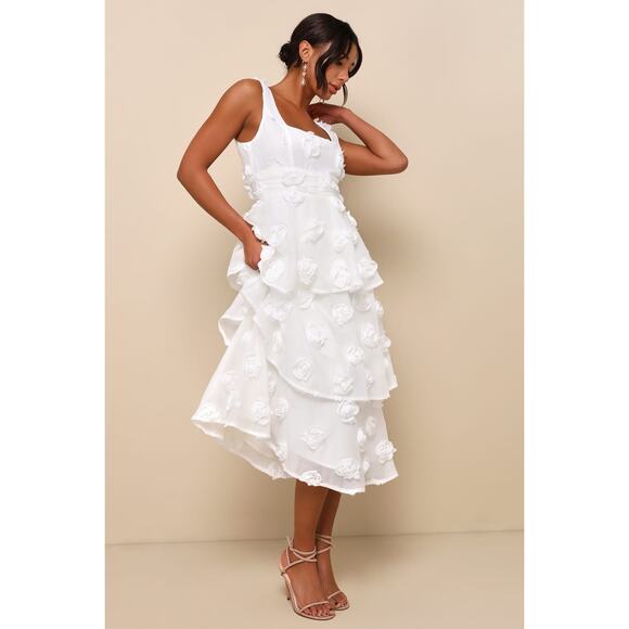 NWT Lulus Exceptional Entrance White Sleeveless Tiered Rosette Midi Dress Size L - Picture 3 of 7
